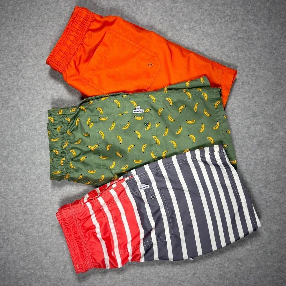 Maamgic Boys Swim Trunks Bundle 3 Pack Orange Banana Striped Board Shorts Kids